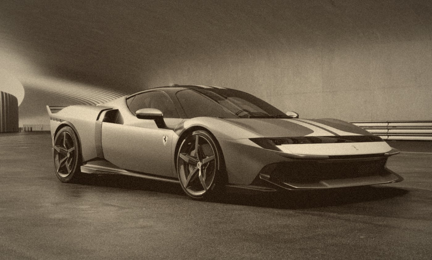 Ferrari 849 Testarossa grise à bande blanche, vue de trois-quarts avant, dans un tunnel en béton